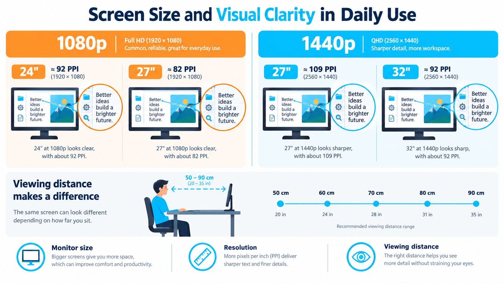 An infographic comparing monitor resolutions, pixel density, and recommended viewing distances for 1080p and 1440p displays.