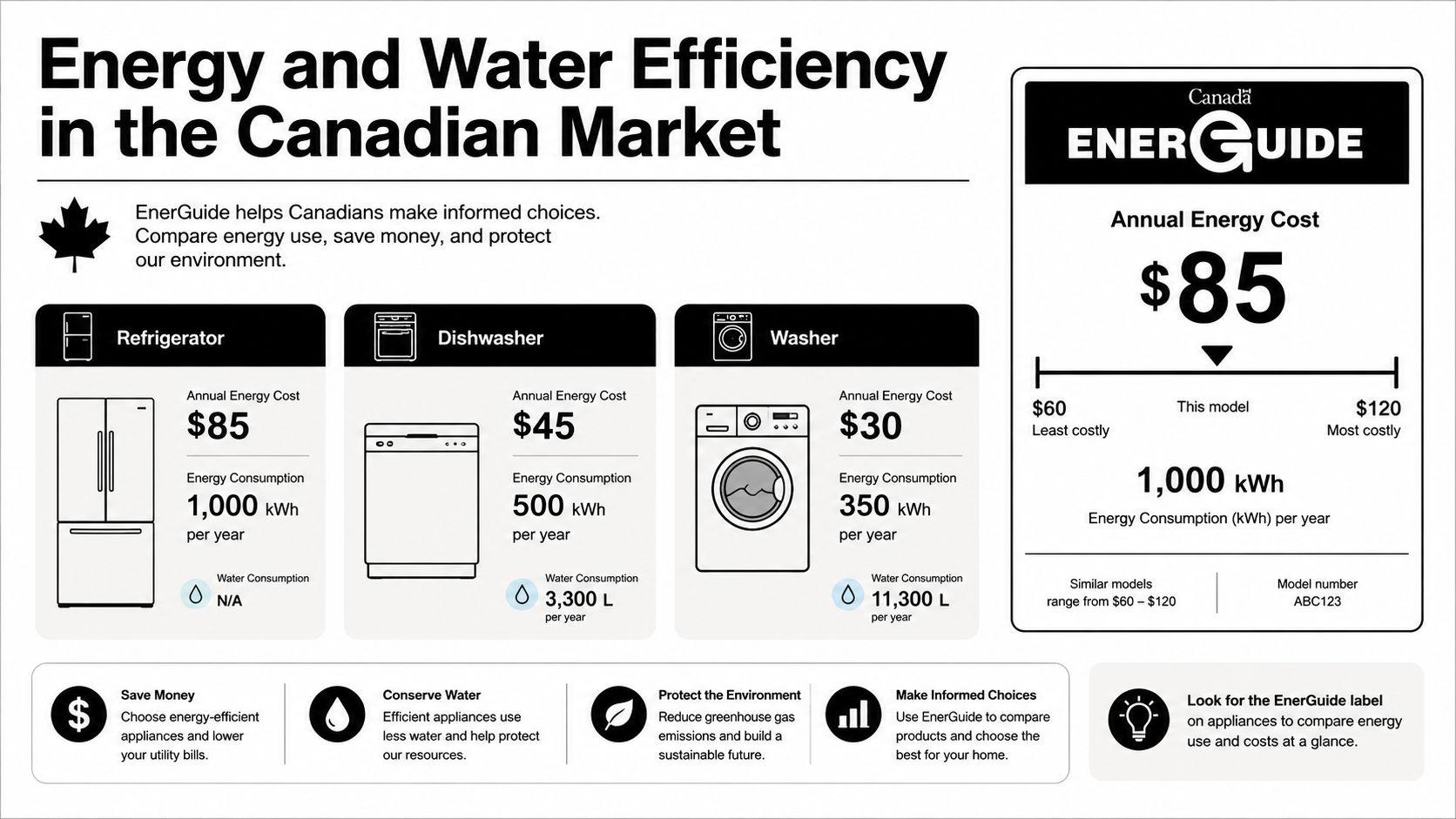 An infographic explaining the Canadian EnerGuide label system for comparing energy and water efficiency of appliances.