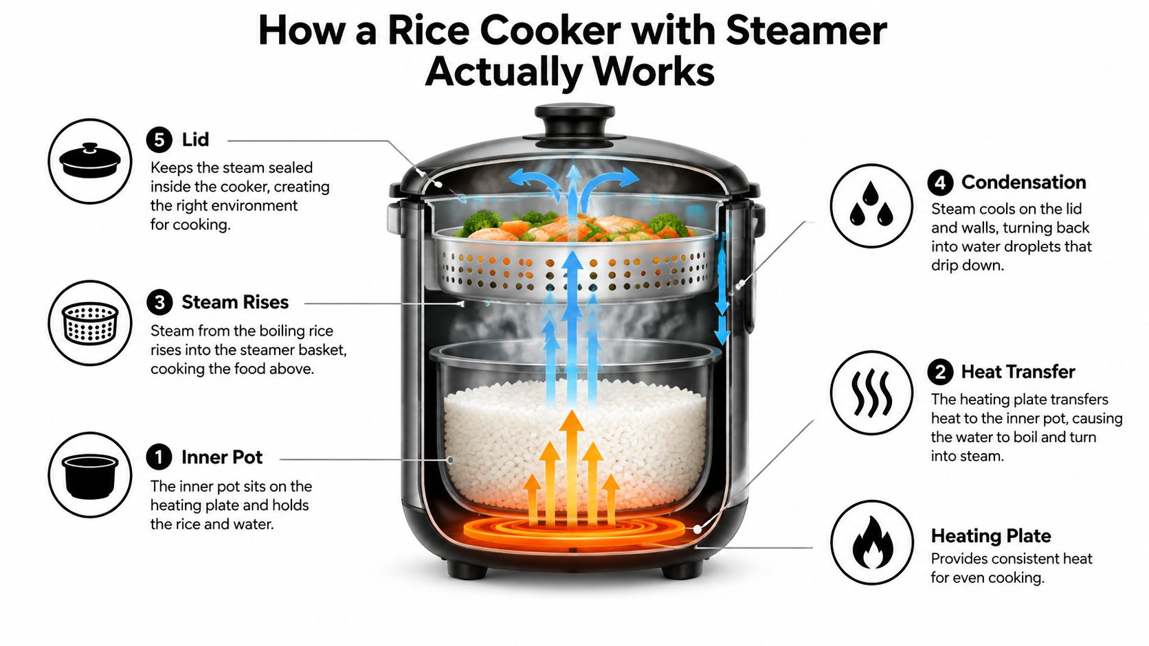 A diagram illustrating the step-by-step internal process of how a rice cooker with a steamer basket works.