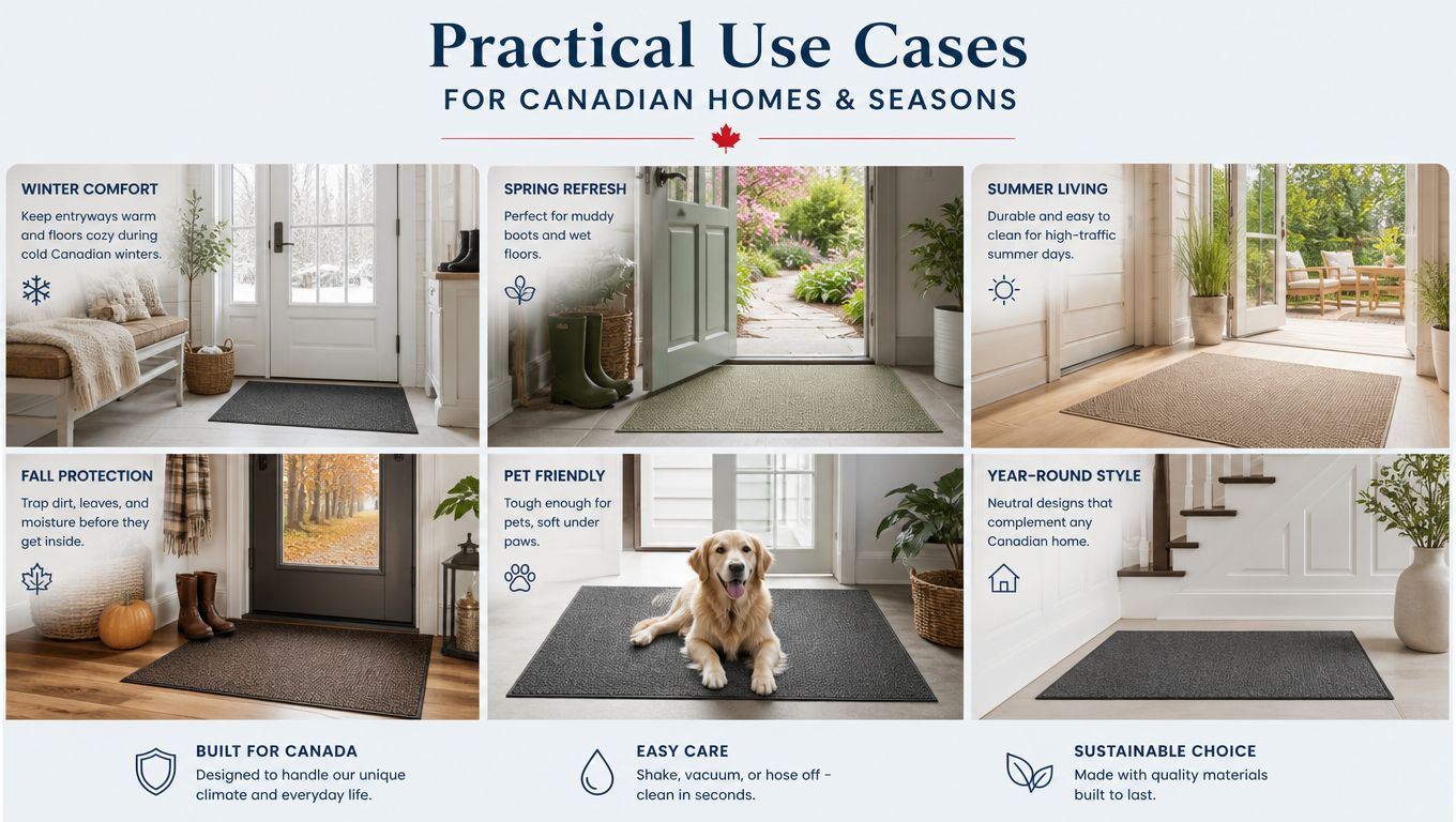 An infographic showing various use cases for durable, weather-resistant door mats in Canadian homes throughout the year.