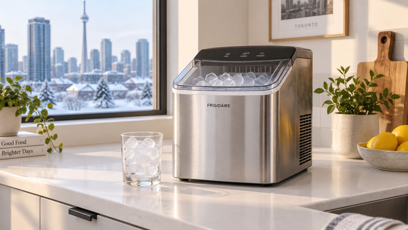 A Frigidaire countertop ice maker producing fresh ice cubes sitting on a kitchen counter in Toronto.