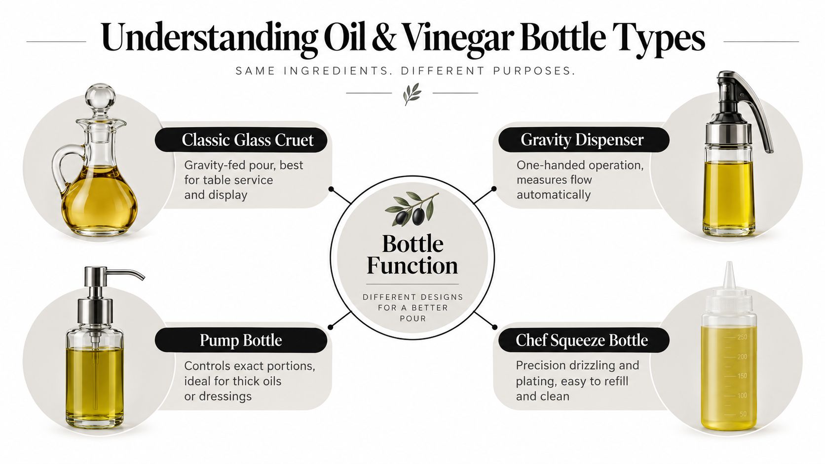 An infographic displaying four different types of oil and vinegar bottles with descriptions of their specific functions.