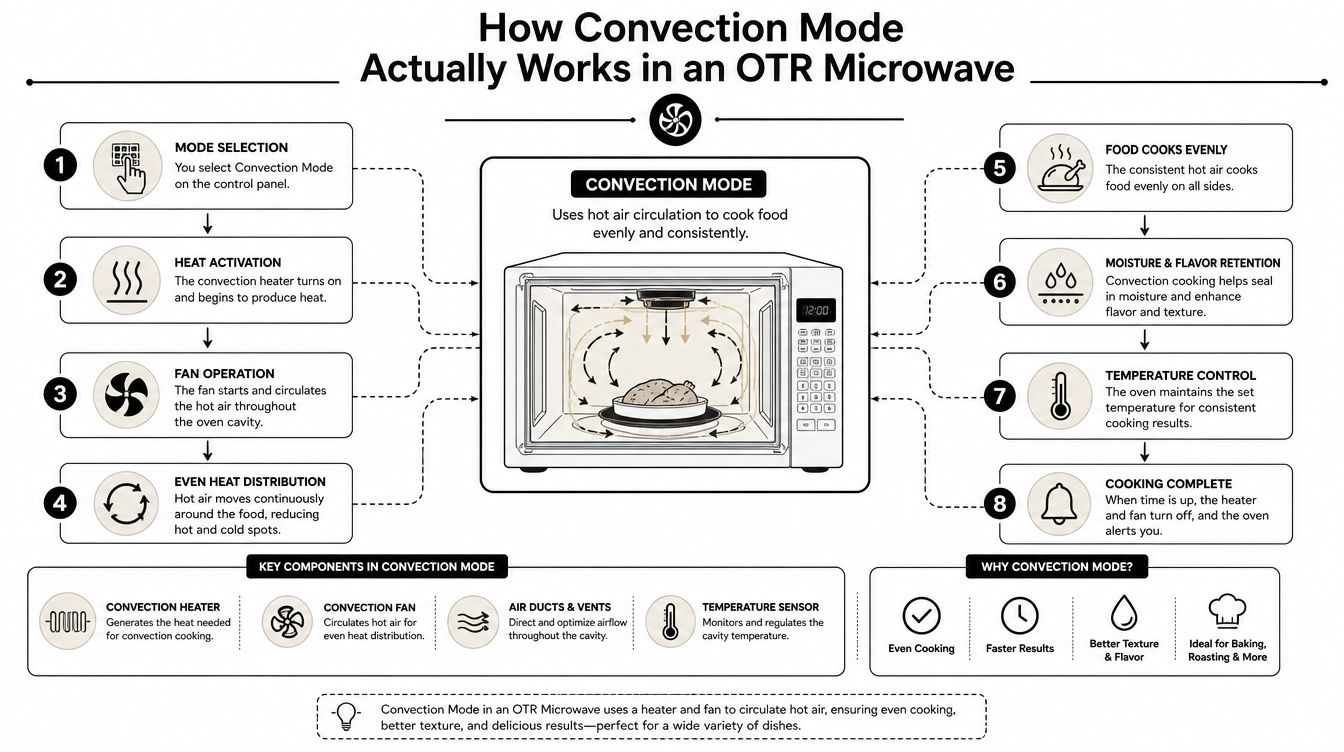 An infographic diagram explaining how the convection mode works in an over-the-range microwave oven with step-by-step instructions.