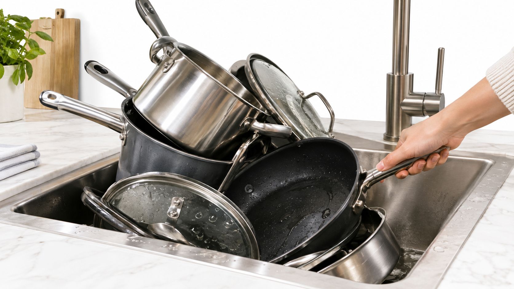 A person's hand holding a frying pan in a kitchen sink filled with dirty metal cookware.