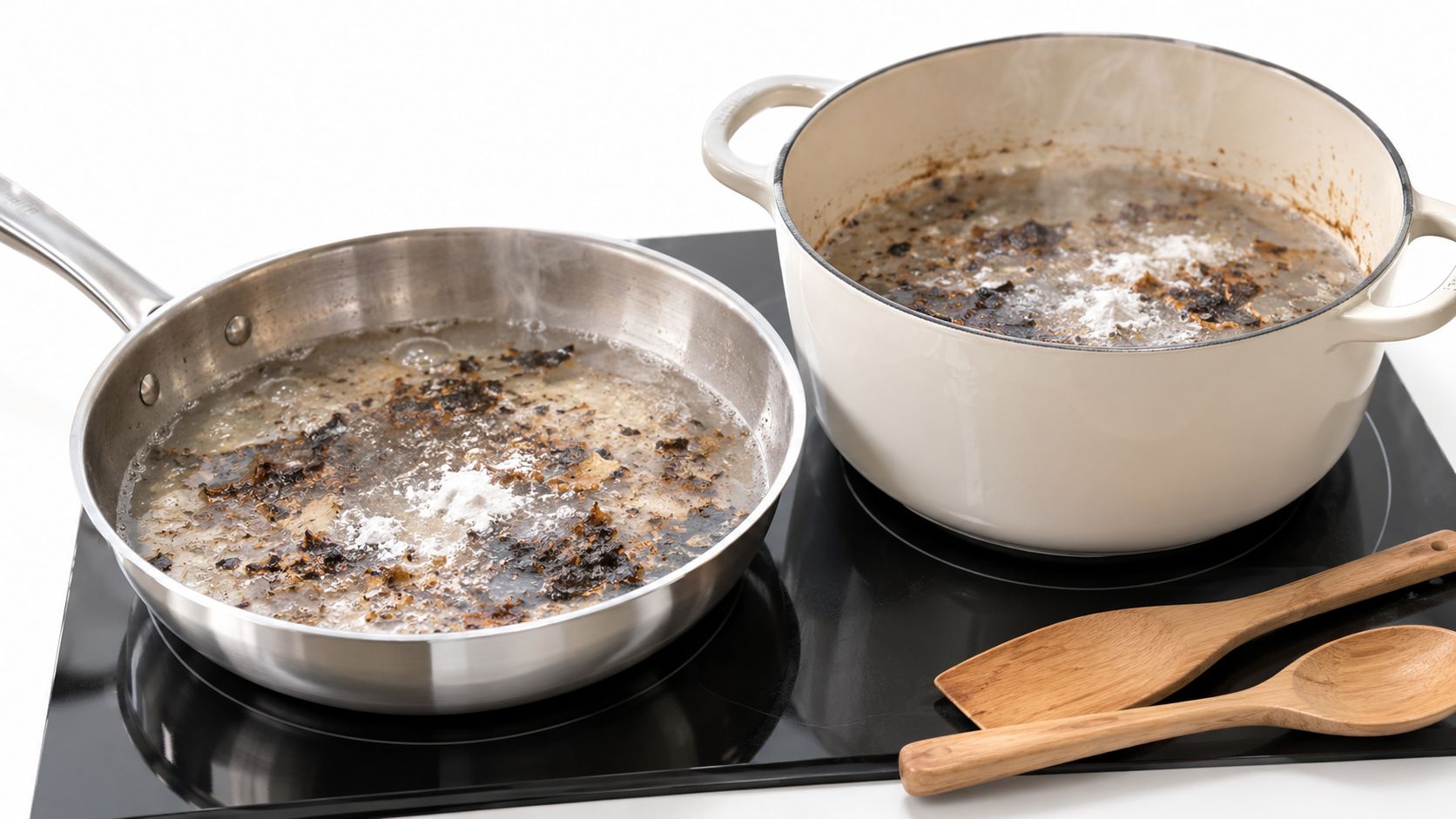 Cleaning burnt pots and pans using water and baking powder on a black induction stovetop.