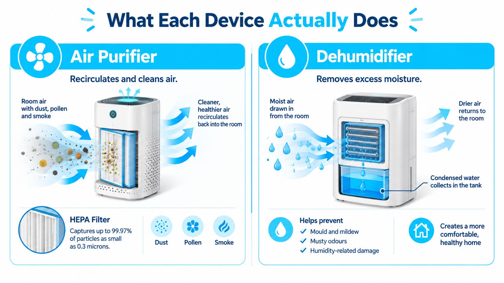 A comparative infographic explaining the functions of an air purifier versus a dehumidifier in a home.