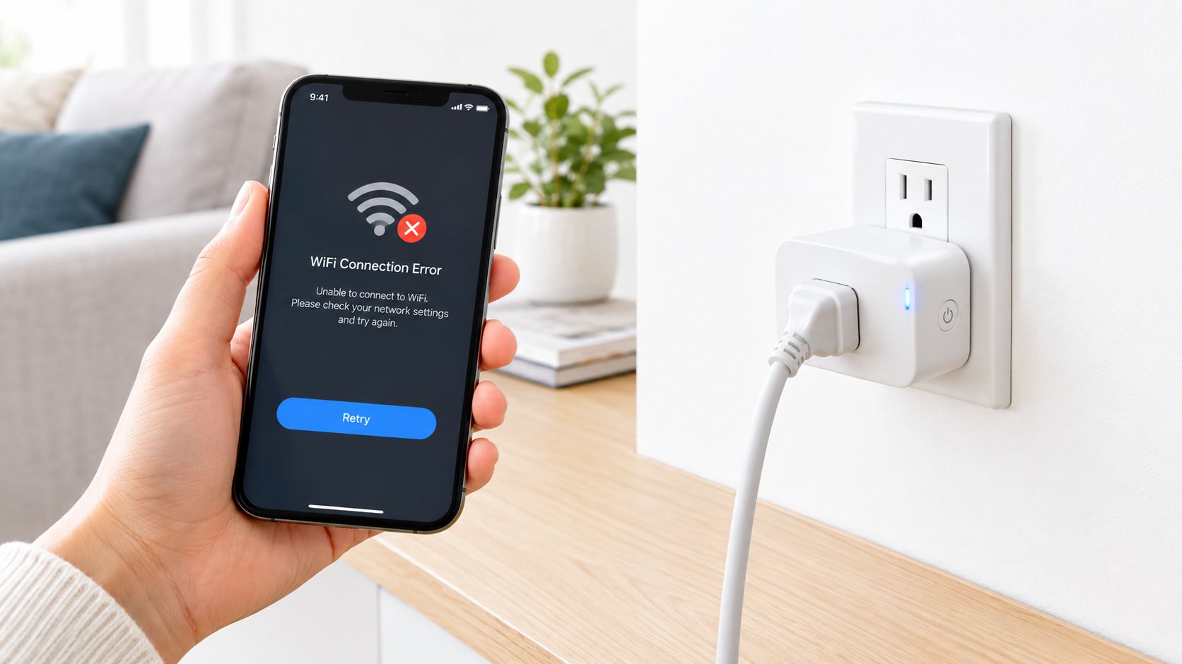 A hand holds a smartphone showing a WiFi connection error while setting up a smart plug.