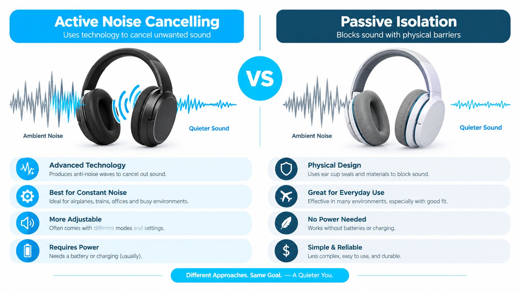 A comparison chart showing the differences between Active Noise Cancelling and Passive Isolation for headphones.