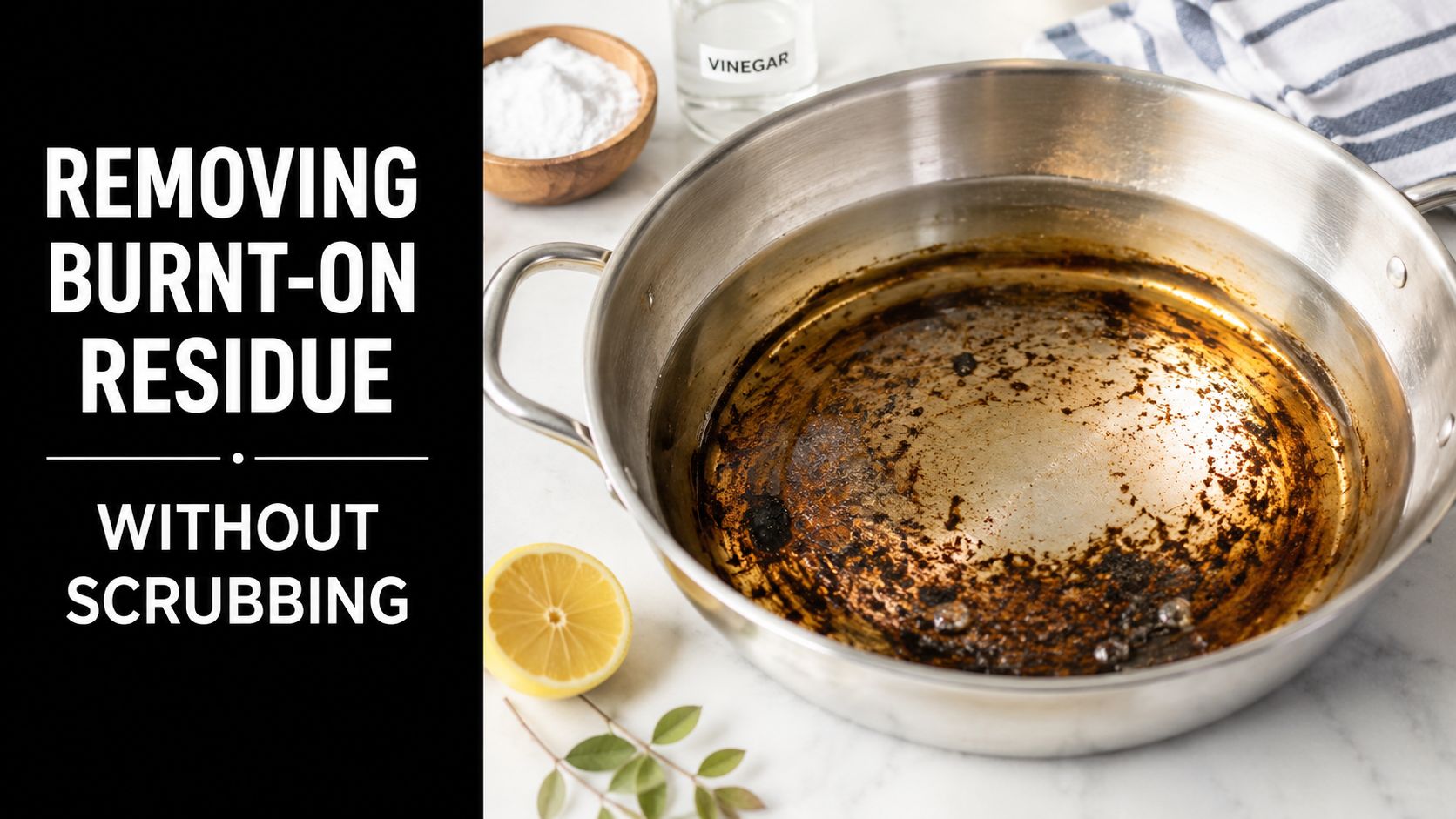 A dirty stainless steel pan with burnt-on food residue sitting next to vinegar, baking soda, and lemon.