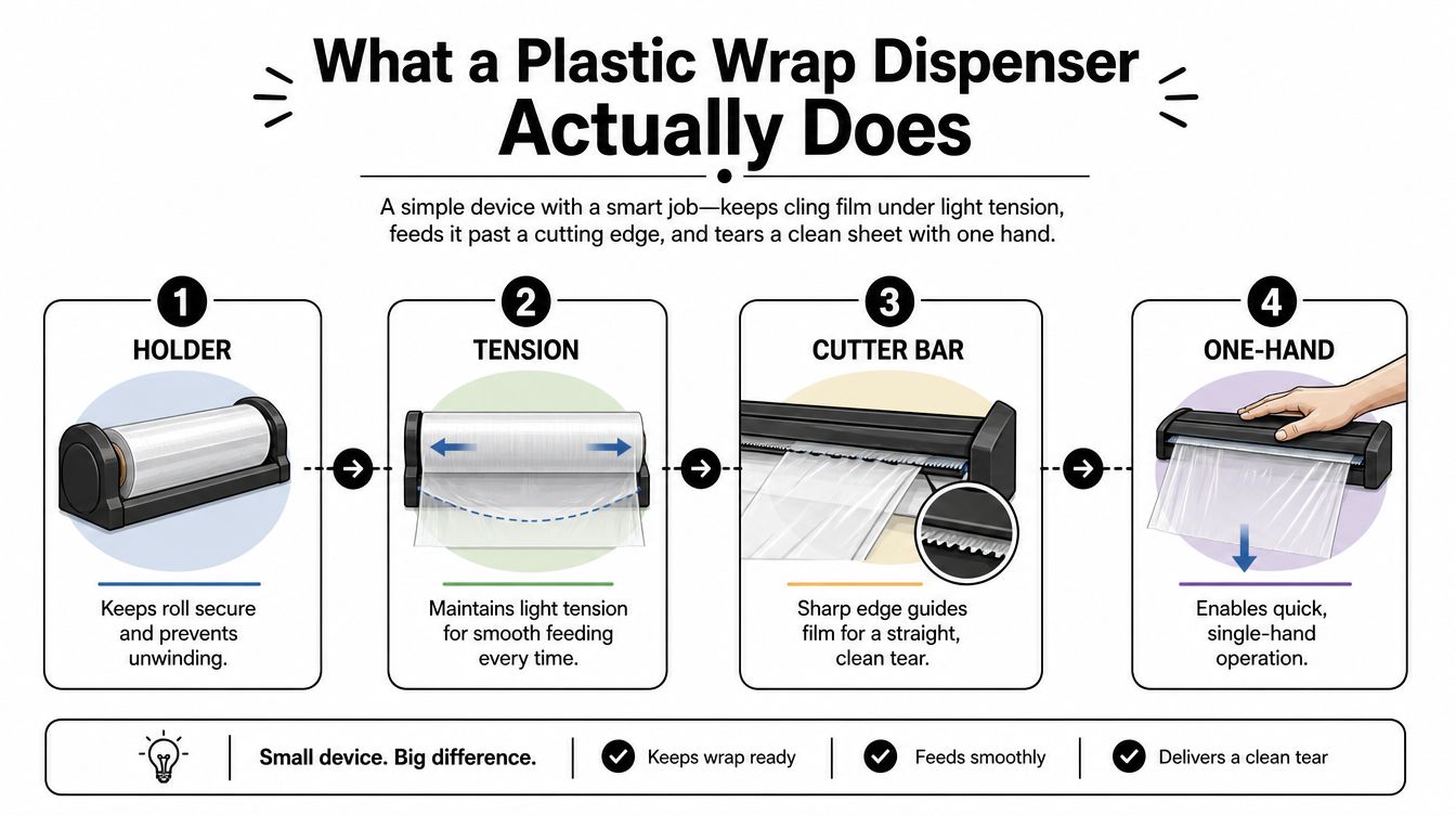 An infographic illustrating how a plastic wrap dispenser functions, showing four steps for easy film cutting.