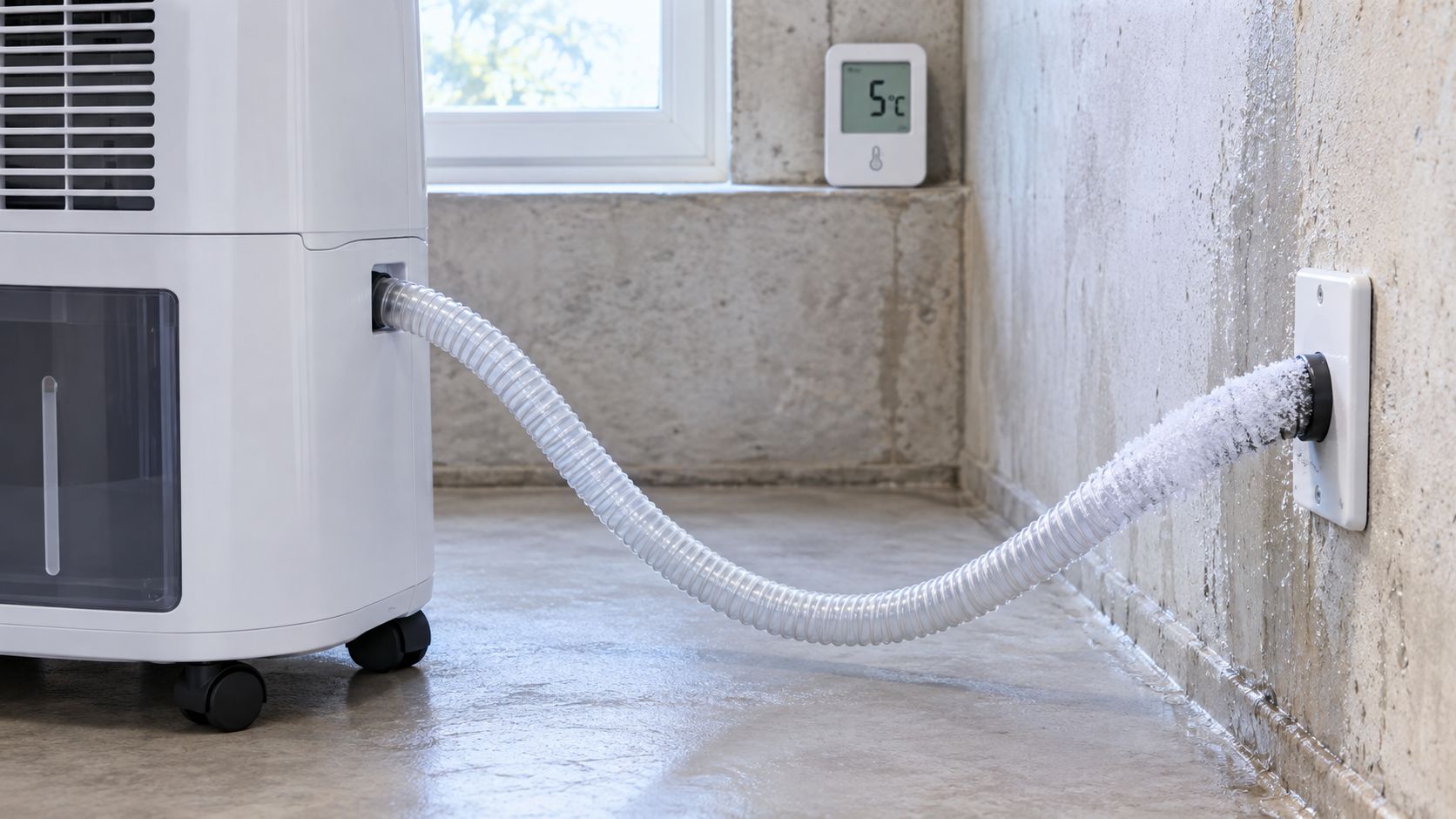 A white dehumidifier connected to a concrete wall drain in a basement with a clear hose.