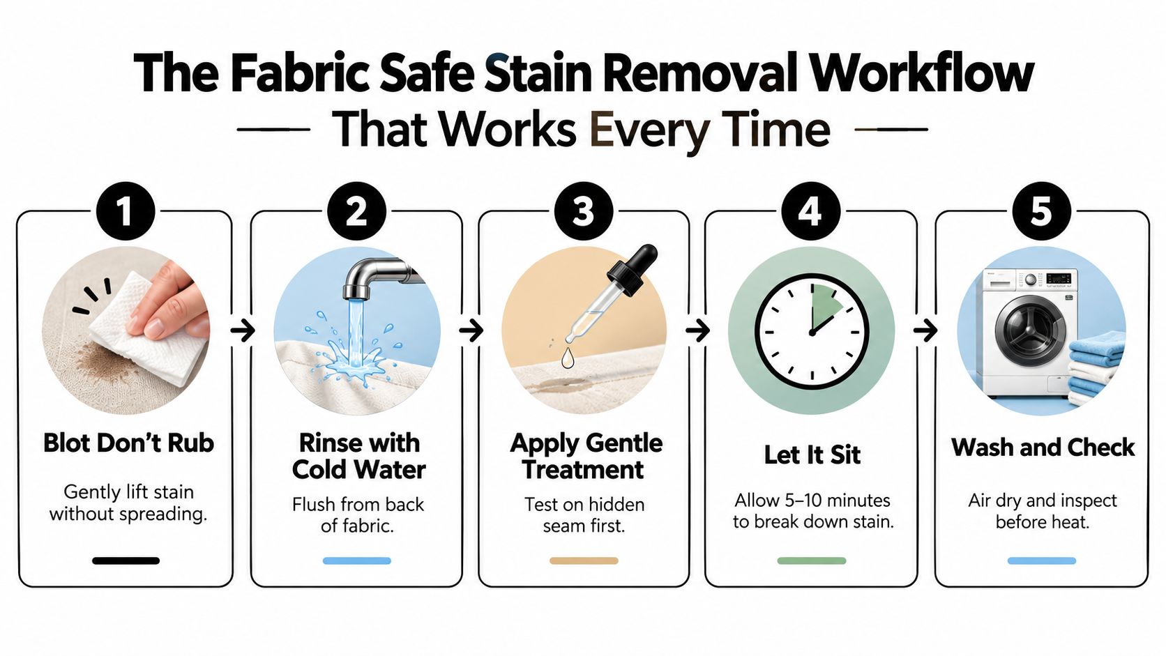 A five-step infographic showing how to safely remove stains from fabric using blotting and washing techniques.