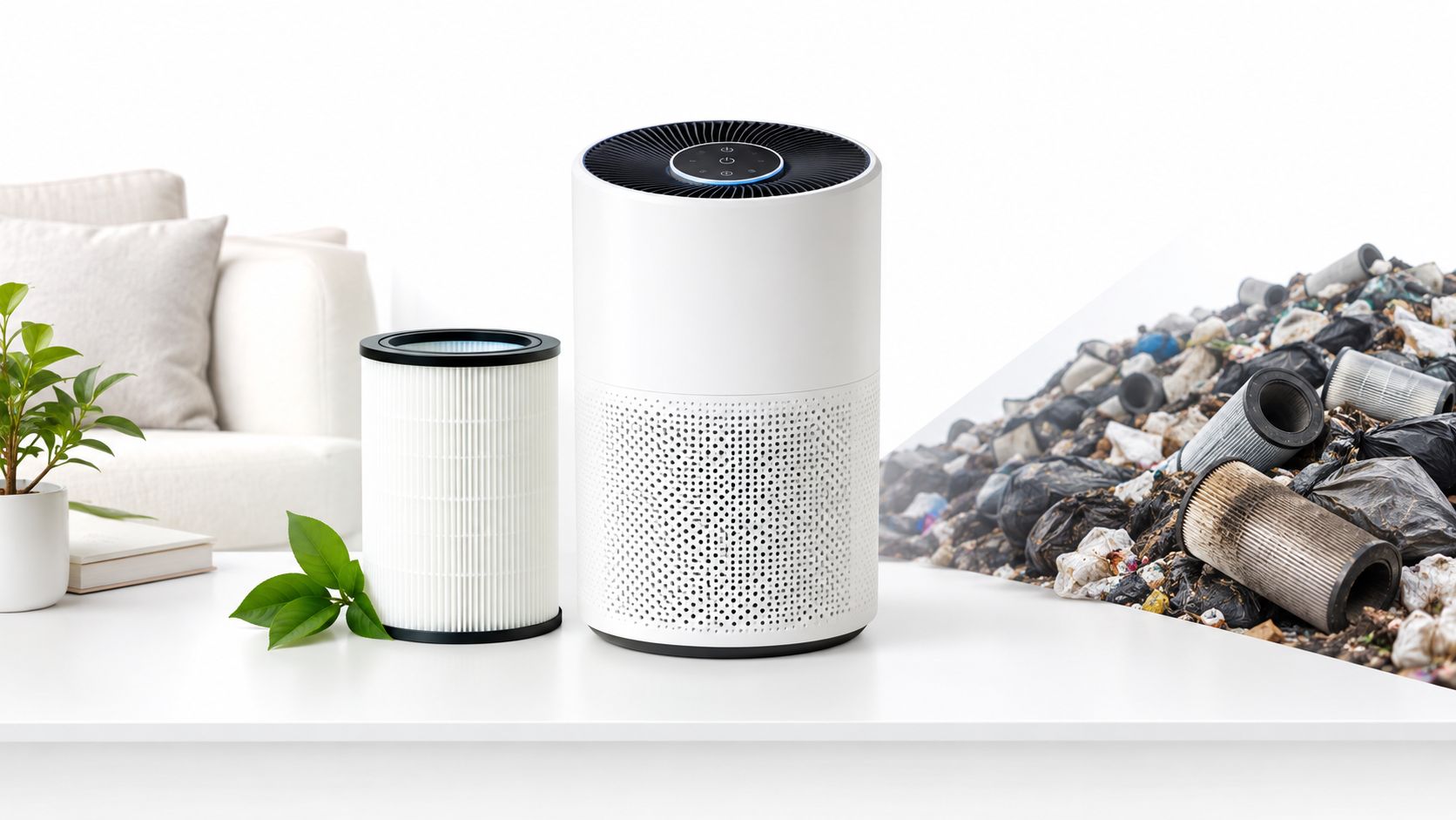 A clean air purifier and its filter next to a pile of waste representing pollution versus purity.