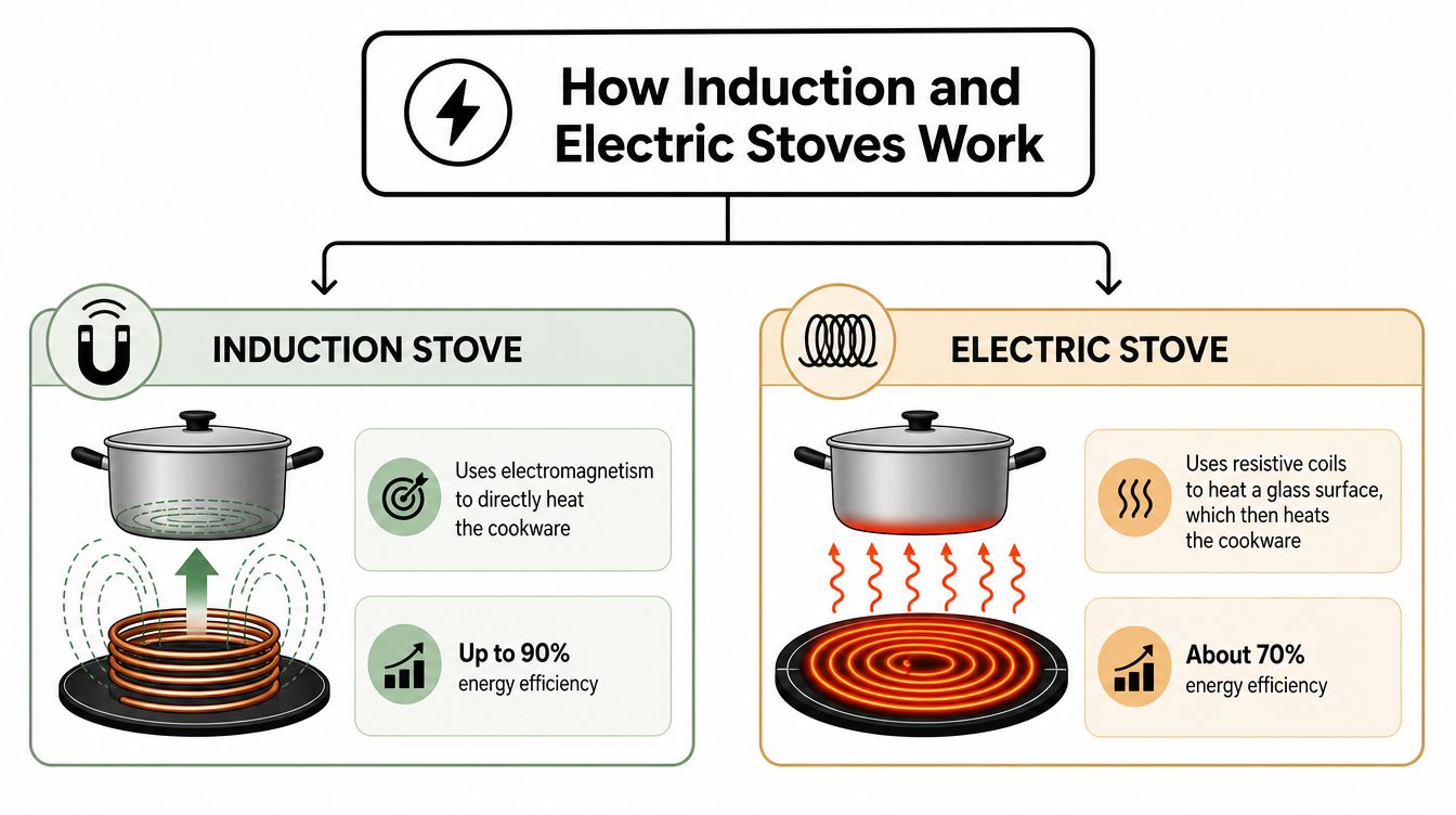 An infographic comparing how induction and electric stoves work, highlighting their heating methods and energy efficiency ratings.