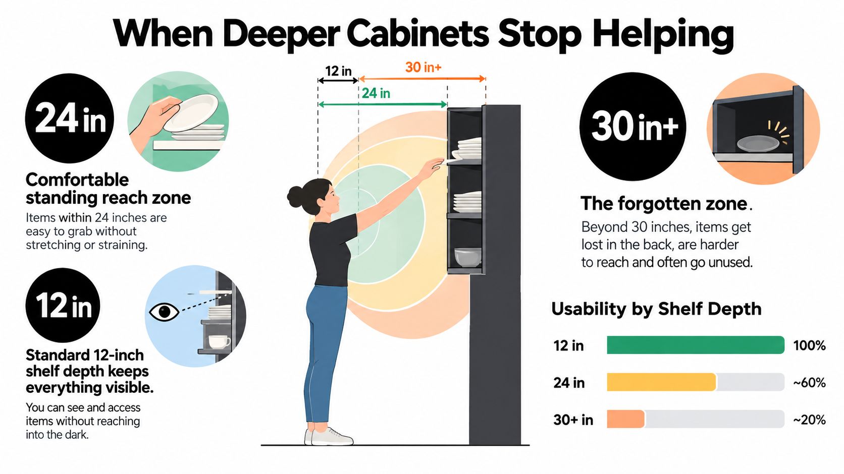 An infographic illustrating how cabinet depth affects accessibility, showing that 12-inch shelves are the most usable.