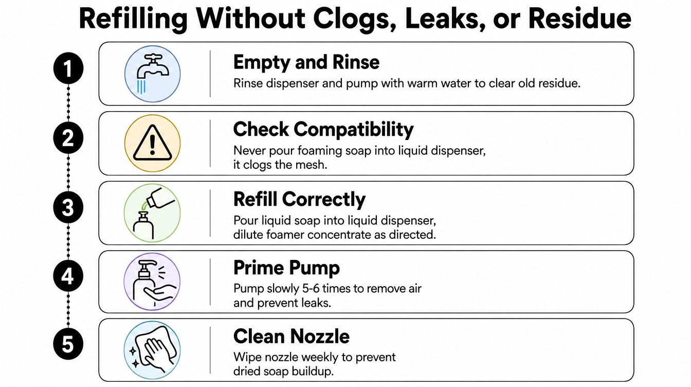 A five-step guide on how to properly refill a soap dispenser to avoid clogs and leaks.