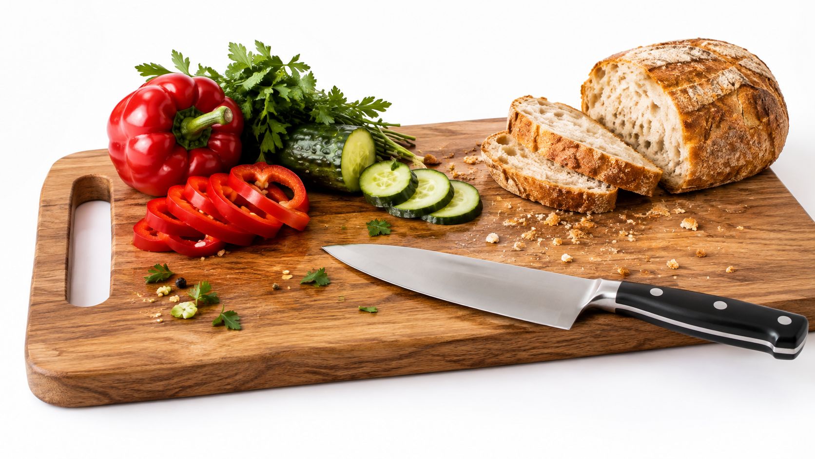 A wooden cutting board with a knife, sliced cucumber, red pepper, and artisan bread on white background.