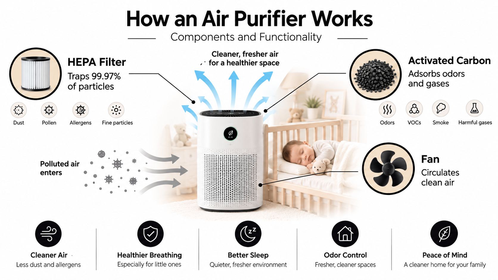 A diagram illustrating how an air purifier works, highlighting its key components like filters and fans.