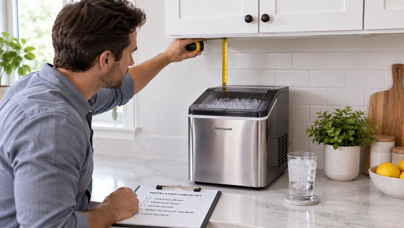 A man measuring the space above a Frigidaire countertop ice maker to ensure proper installation clearance.