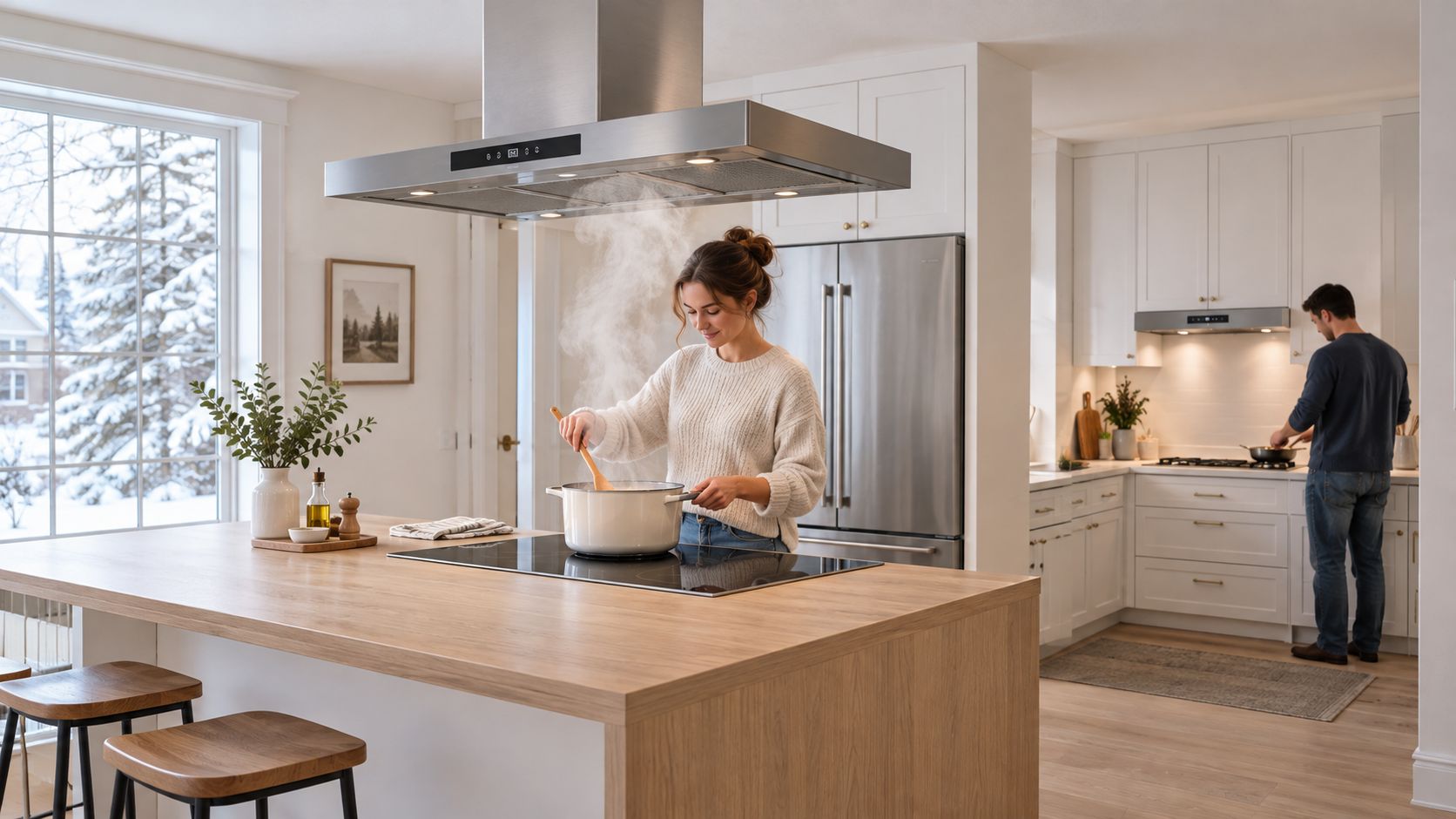A woman cooks on a kitchen island with a range hood while a man cooks nearby.