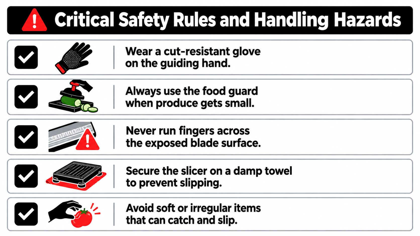 A safety instruction sign detailing rules for using a mandoline slicer to prevent injury during food preparation.