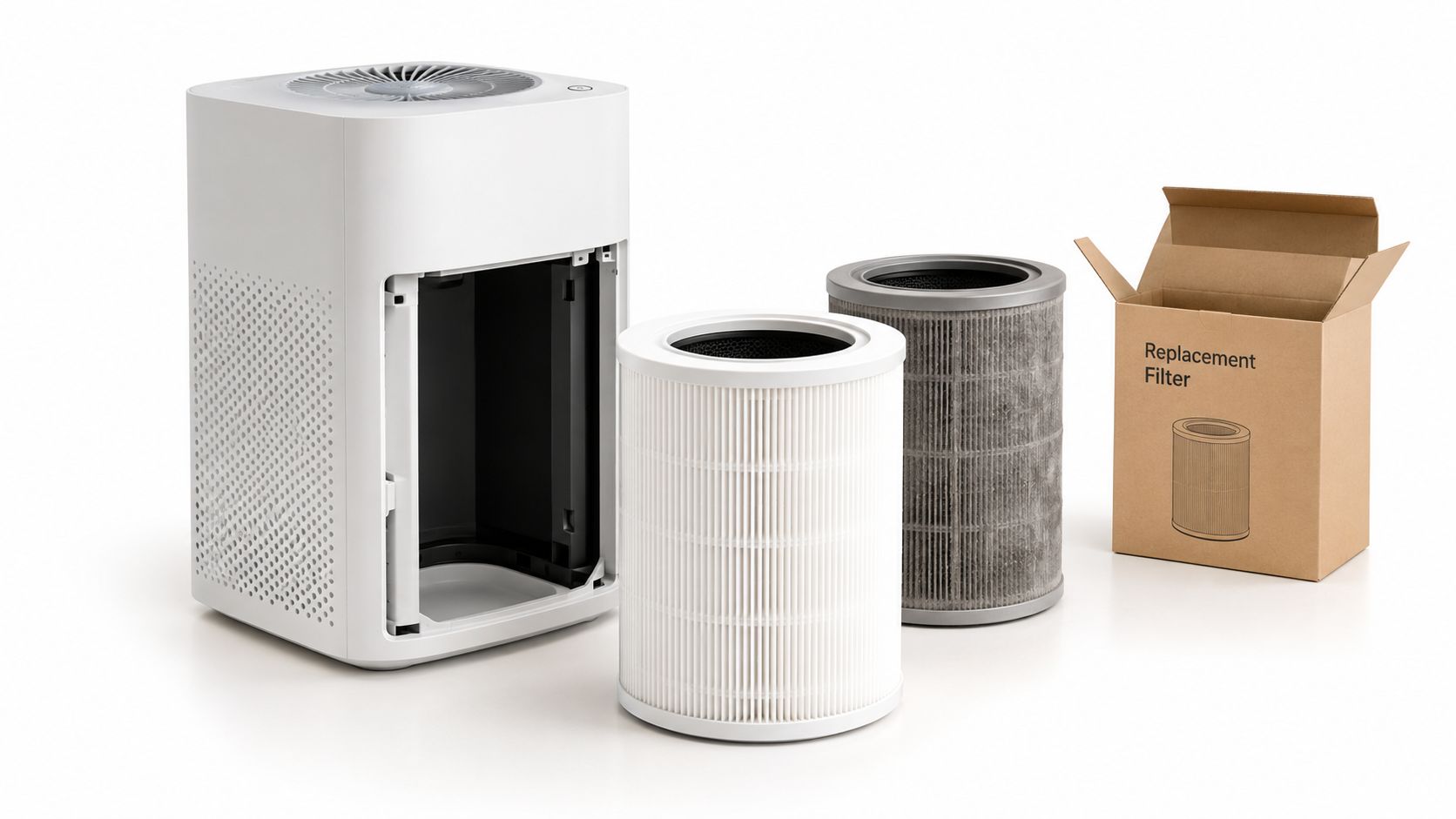 An air purifier unit next to a new clean filter, a dirty used filter, and its packaging box.