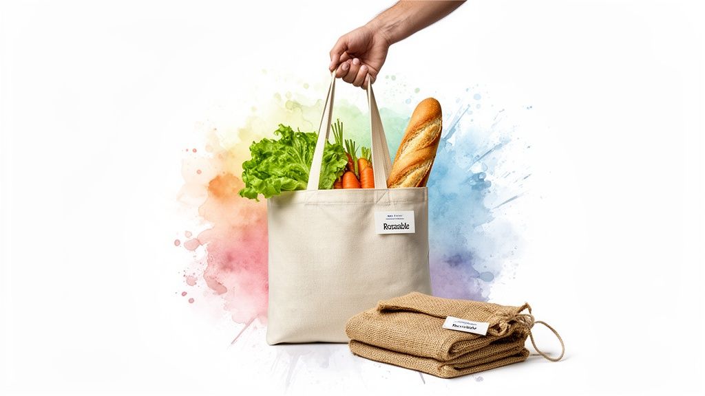 A hand holds a reusable tote bag with groceries, next to folded burlap reusable produce bags, against a colorful watercolor background.