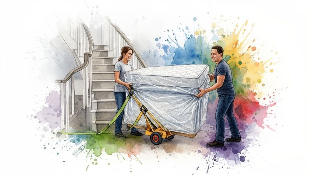 A smiling couple moves a mattress using a hand truck, with stairs and watercolor splashes.