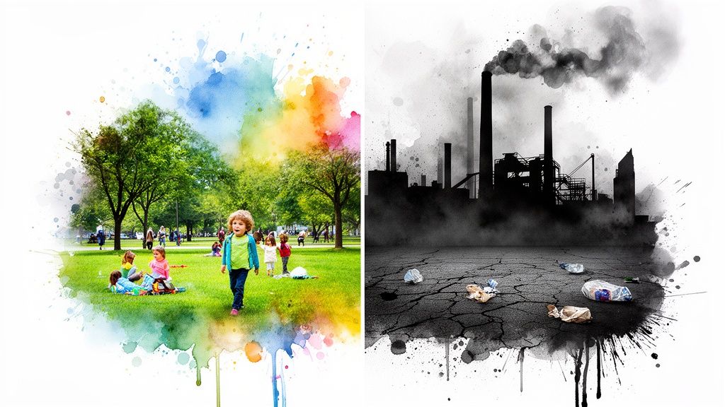 Vibrant park with children playing contrasts with a dark, polluted industrial landscape.