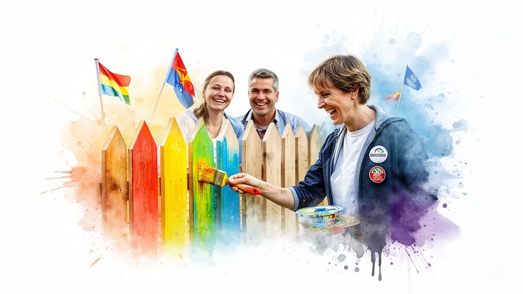 Community volunteers joyfully paint a vibrant fence, symbolizing teamwork and positive change.