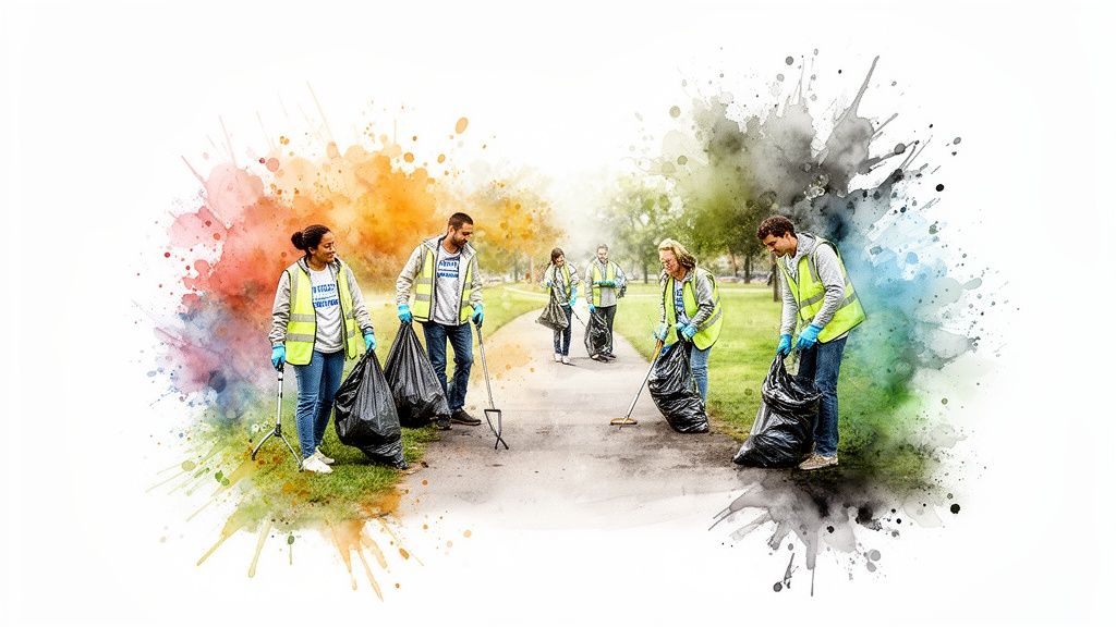 Group of volunteers wearing high-visibility vests picking up trash in a park with watercolor effects.