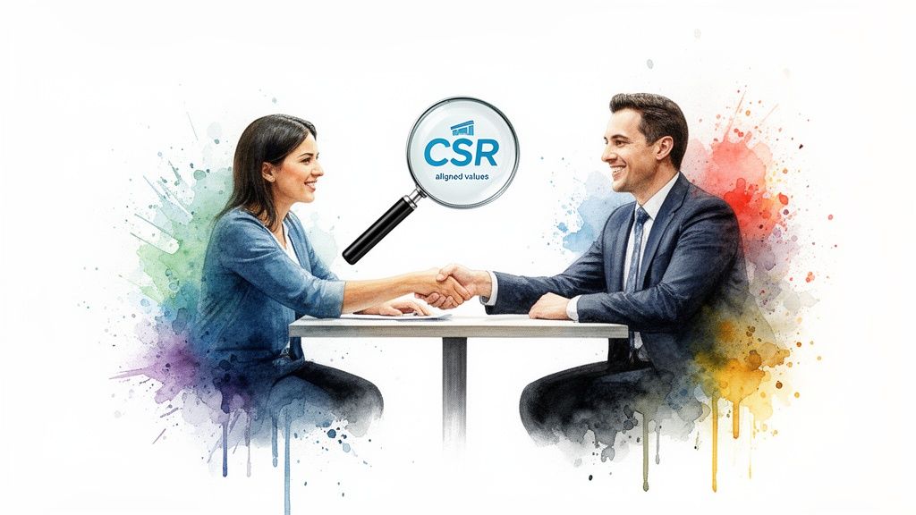 Two smiling professionals shaking hands over a table with a magnifying glass showing 'CSR aligned values'.