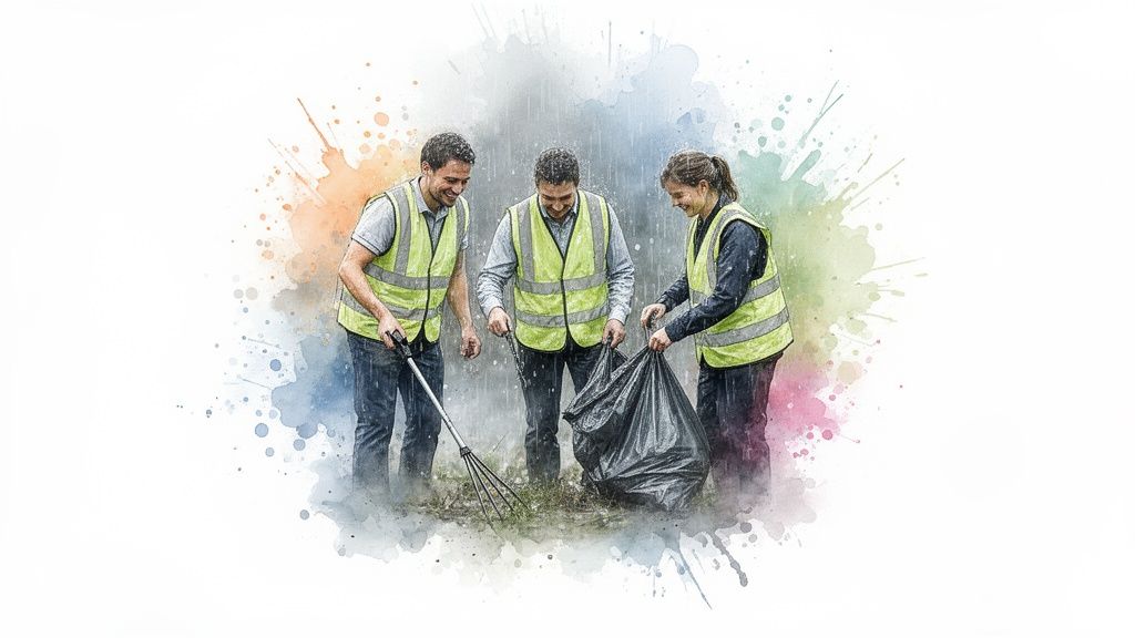 Three cheerful people in reflective vests participating in an outdoor community cleanup.