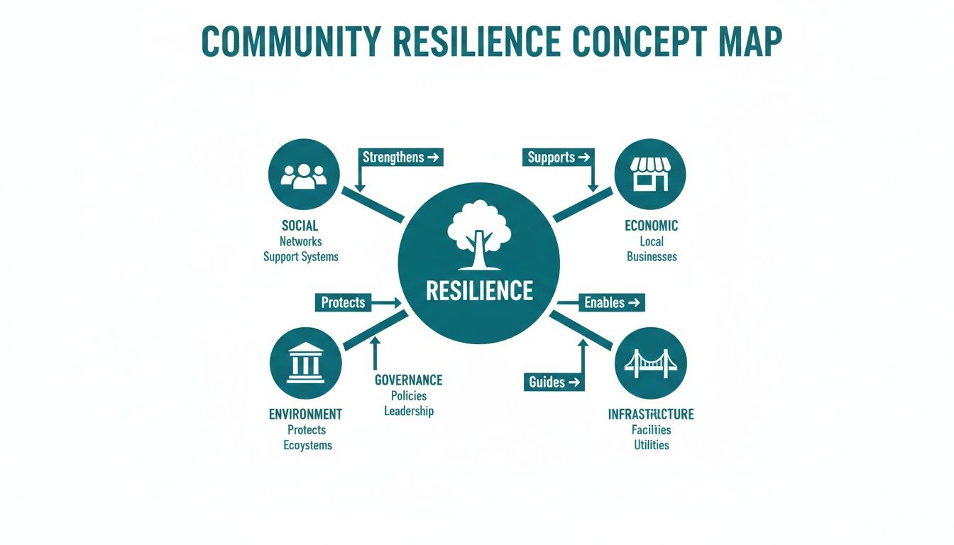 A community resilience concept map illustrating five key pillars: Social, Economic, Infrastructure, Governance, and Environment.
