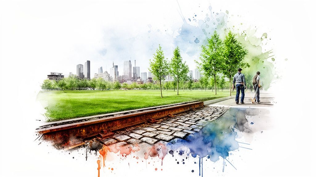 Watercolor illustration of a city park with a skyline, rusty train tracks, and two people walking.