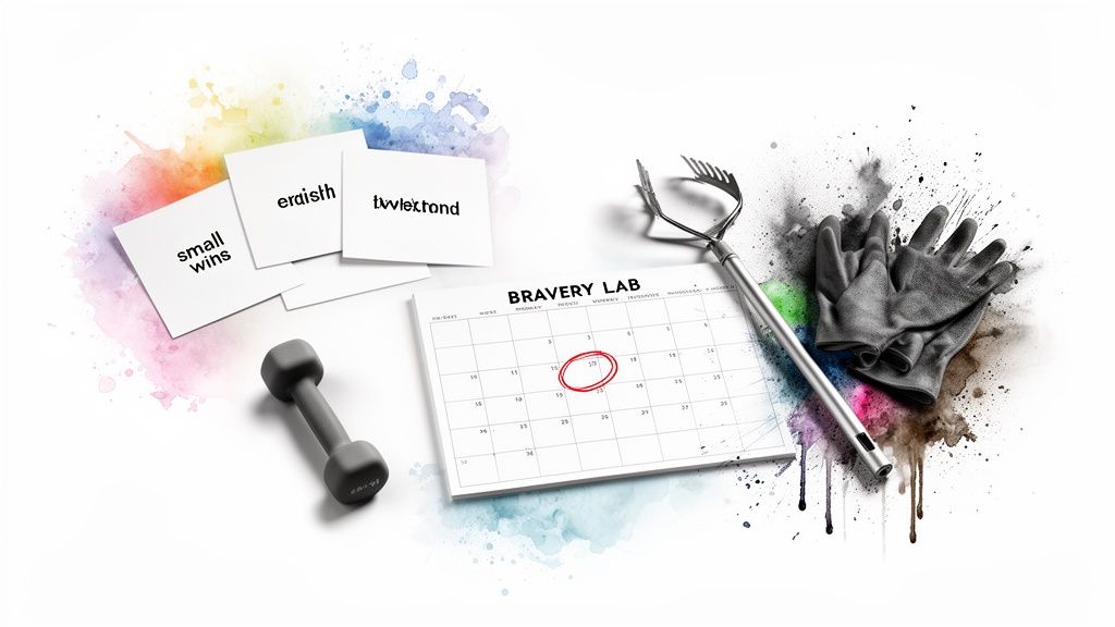 A flat lay of objects symbolizing bravery and effort: cards, dumbbell, calendar, and gloves.