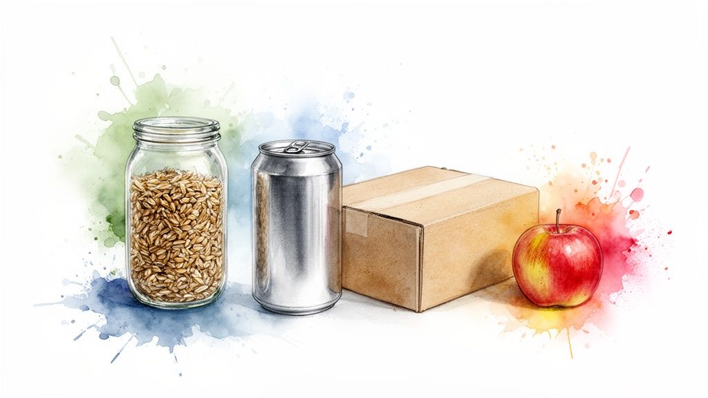 A watercolor illustration of a jar of grains, an aluminum can, a cardboard box, and an apple.