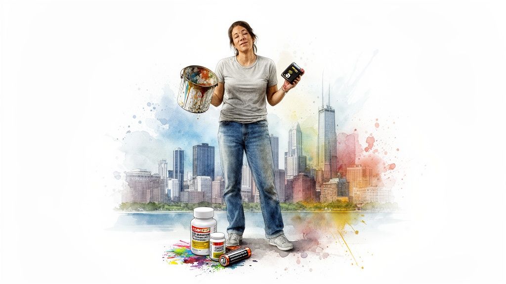 Woman holds paint bucket and device, with Chicago skyline and household hazardous waste at her feet.