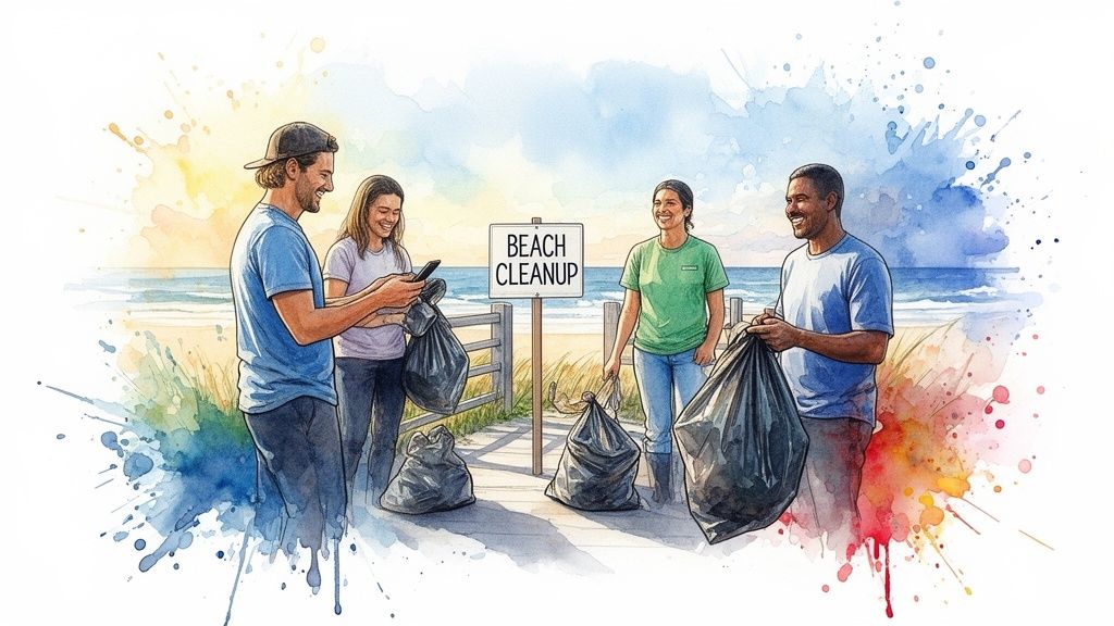 Diverse group of smiling volunteers holding trash bags at a beach cleanup, watercolor style.
