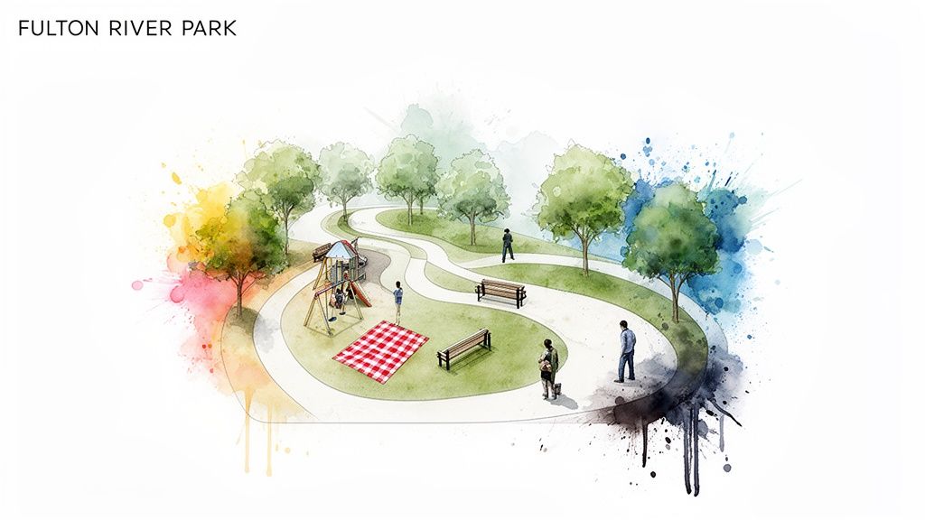 Watercolor illustration of Fulton River Park with winding paths, trees, playground, and people enjoying the space.
