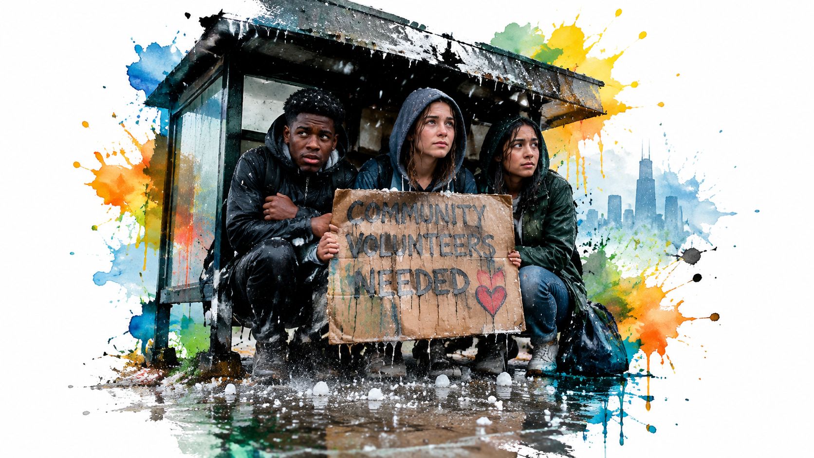 Three young people huddled together in a rain-covered bus stop holding a community volunteers needed sign.