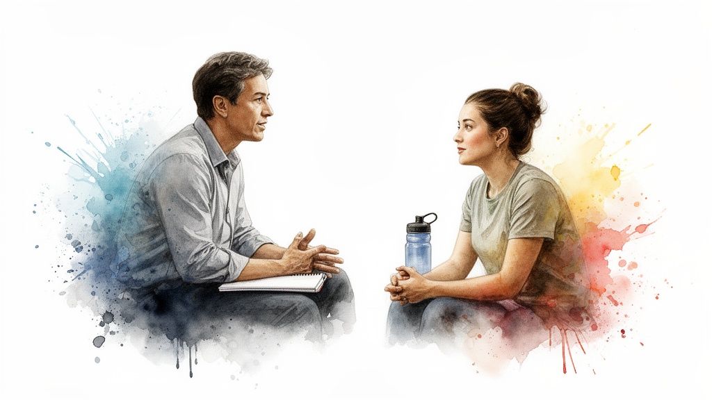 A man and a woman in a watercolor style, engaged in a focused conversation.