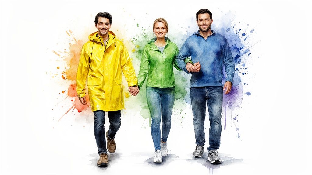 Three smiling friends in colorful raincoats and casual clothes walking, holding hands, with watercolor splashes.