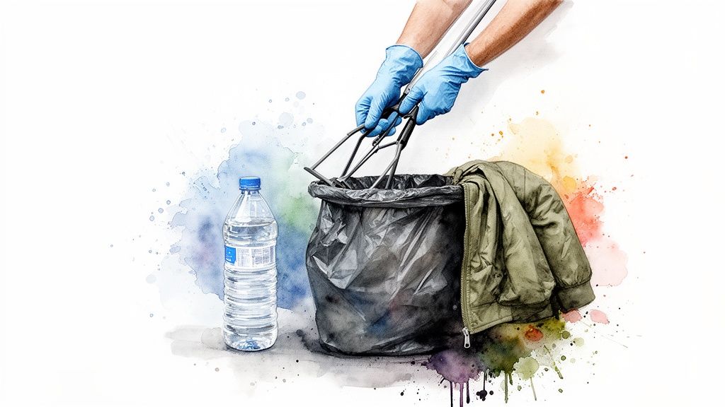Hands in blue gloves using a grabber tool to pick up trash into a black bag, beside a water bottle and jacket.