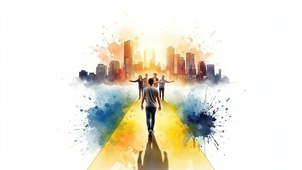 Watercolor art of a person walking on a yellow path towards a welcoming team in a city.