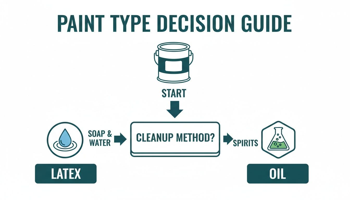 A flowchart decision guide helping identify paint type: latex or oil, based on cleanup method.