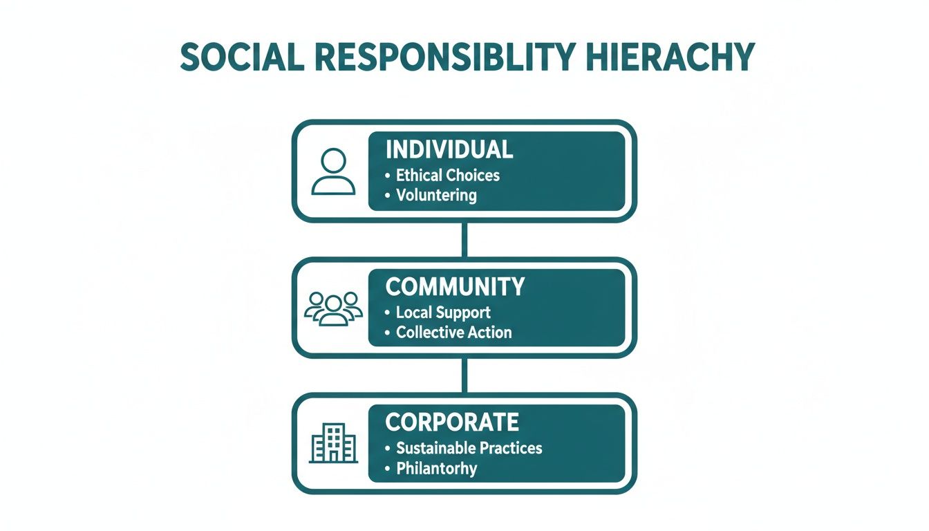 A hierarchy diagram illustrating social responsibility at individual, community, and corporate levels with specific examples.