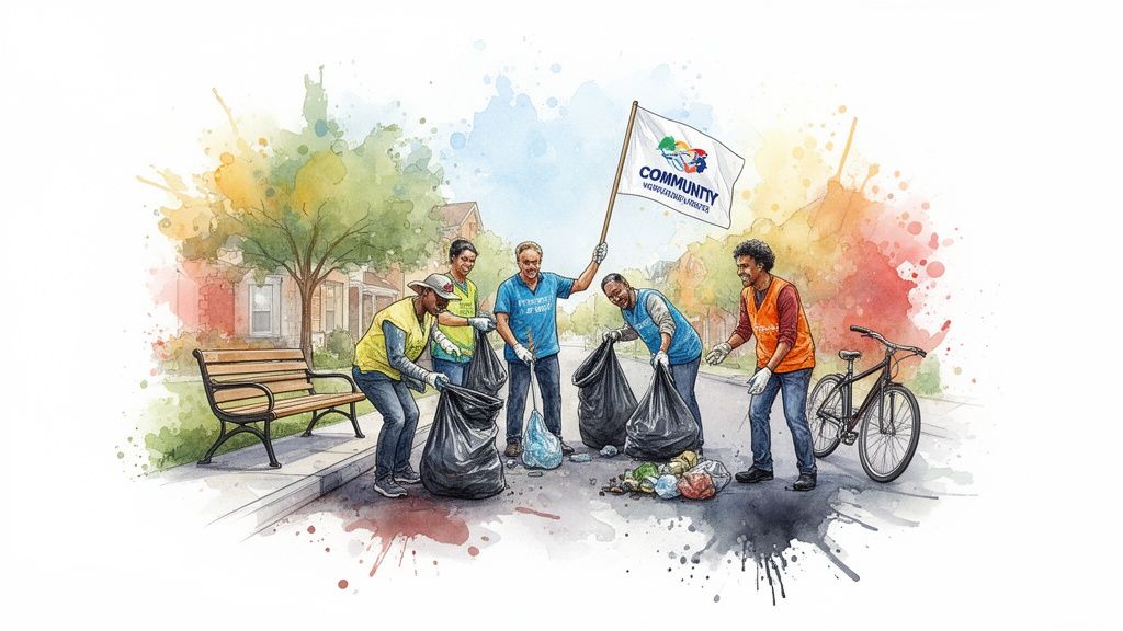 A diverse group of volunteers cleaning up trash in a community park or street, holding a 'COMMUNITY' flag.