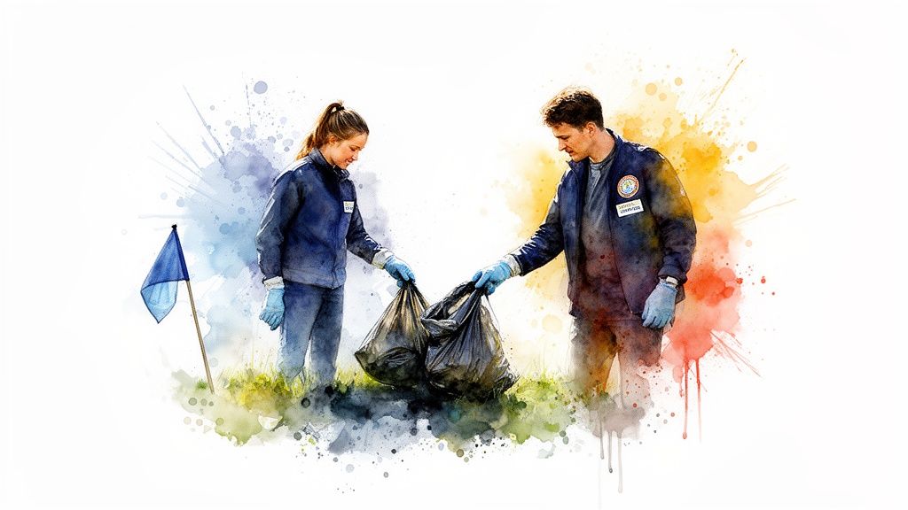 Two volunteers in blue uniforms and gloves collect trash, holding black bags in a vibrant watercolor scene.