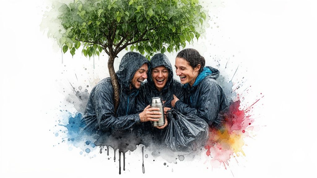 Three smiling friends in raincoats laugh under a tree in the rain, sharing a thermos.